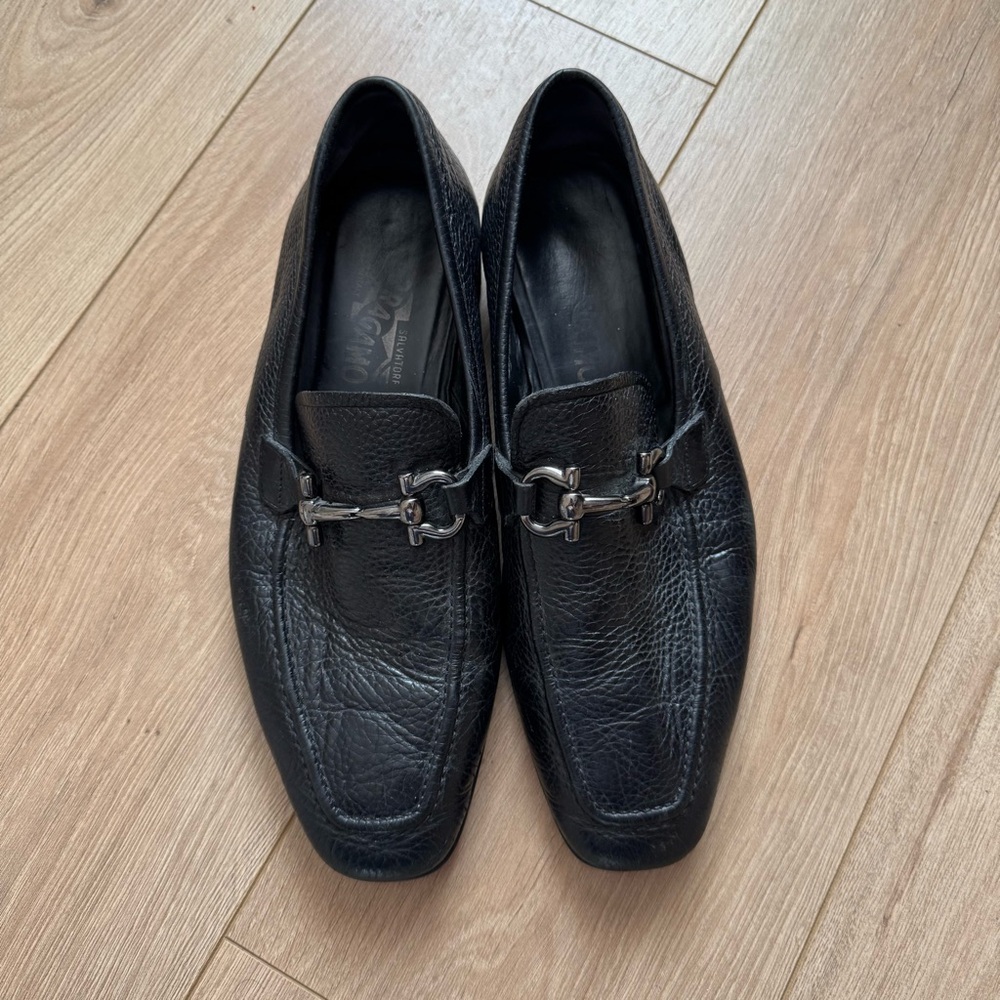 Salvatore Ferragamo Gancini Logo Black Leather Men's Loafers Size 8.5